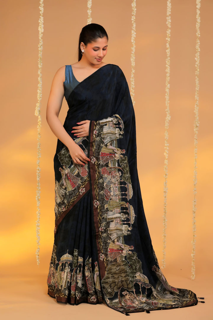 teal blue crepe silk katha embroidery figure motif saree for cocktail front view 1