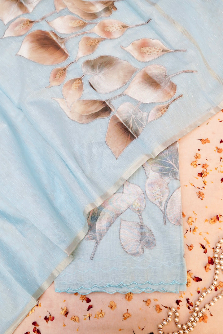 Powder Blue Pure Chanderi Tissue Suit with Applique Work