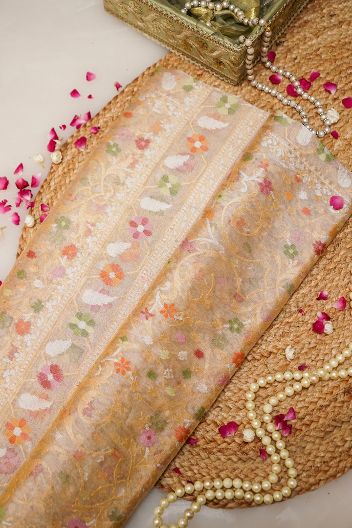 Handwoven Banarasi Copper Golden Pure Tissue Silk Jamdani Saree View 1