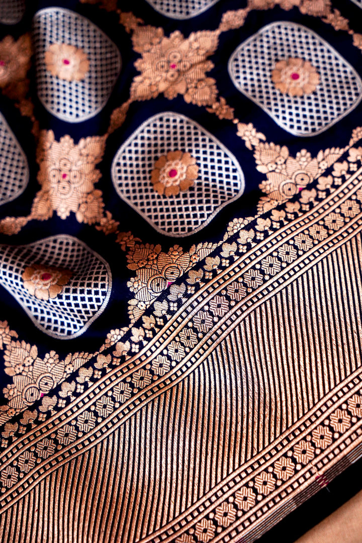 Elegant Black Banarasi Katan Silk Saree Handwoven Sona Rupa Zari Brocade Checks