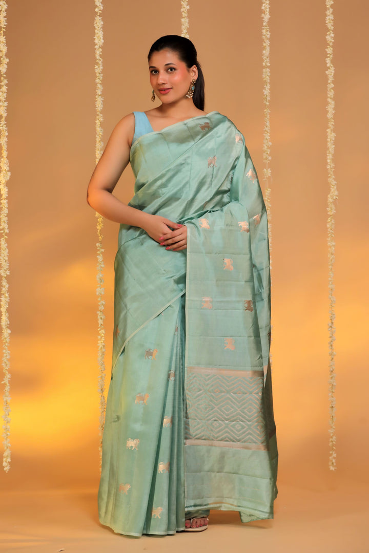 banarasi handloom pastel green pure mashru silk lion motif saree front view