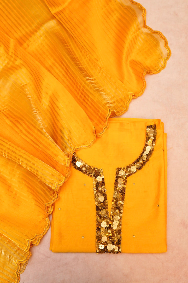 Yellow Pure Chanderi Silk Suit Set with Antique Embroidery