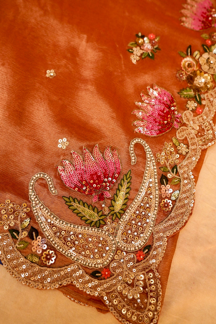 Apricot Orange Designer Tissue Silk Saree with Pichwai Lotus Embroidery View 3
