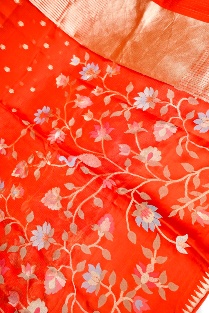 Bridal Wear Orange Pure Banarasi Kota Silk Saree with Silk Weaving Border