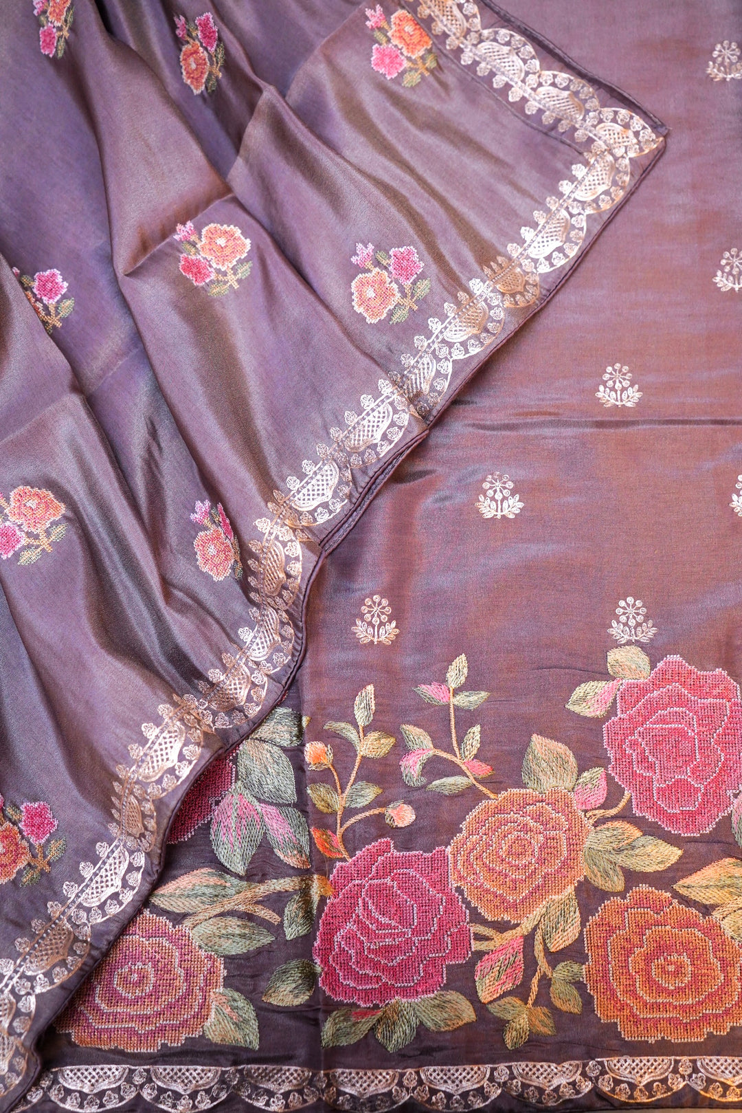 Dark Mauve Crepe Tissue Silk Suit Set with Pitta Zari and embroidery Work