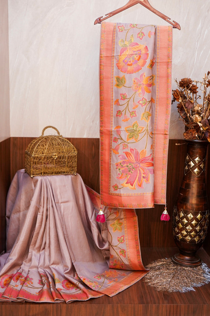 Mauve Crepe Silk Saree with Meenakari Floral Border &amp; Contrast Pallu