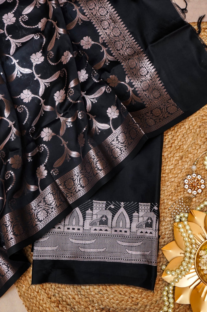 Black Banarasi Ghat Design Modal Silk Unstitched Suit Set View 1