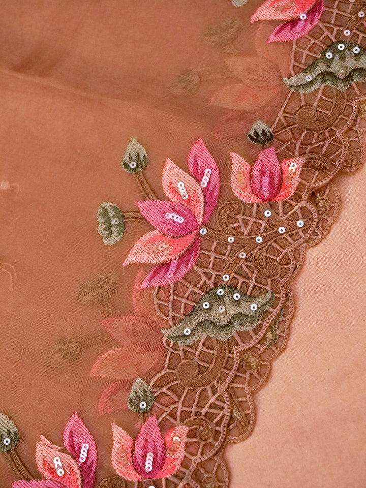 Light Brown Handloom Pure Organza Suit with Hand Resham Sequin Embroidery View 3
