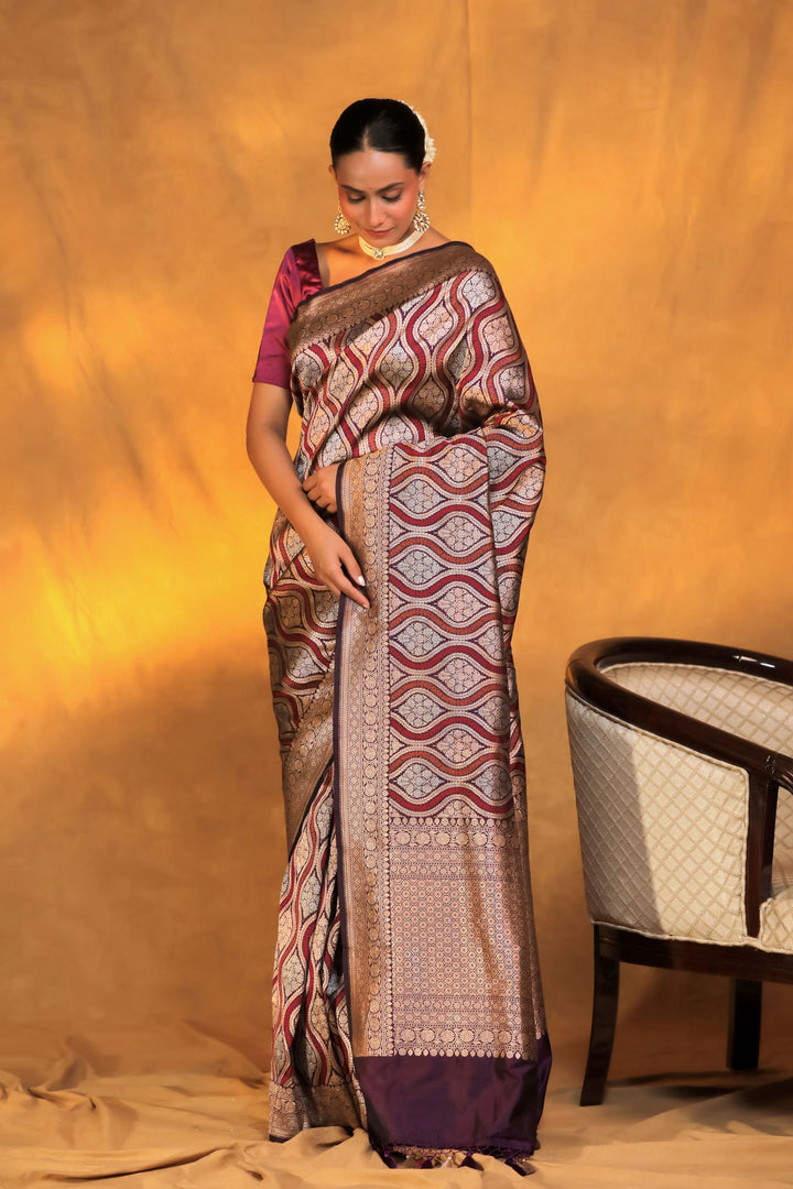 nita ambani inspired handwoven dark purple banarasi pure katan silk saree front view 3