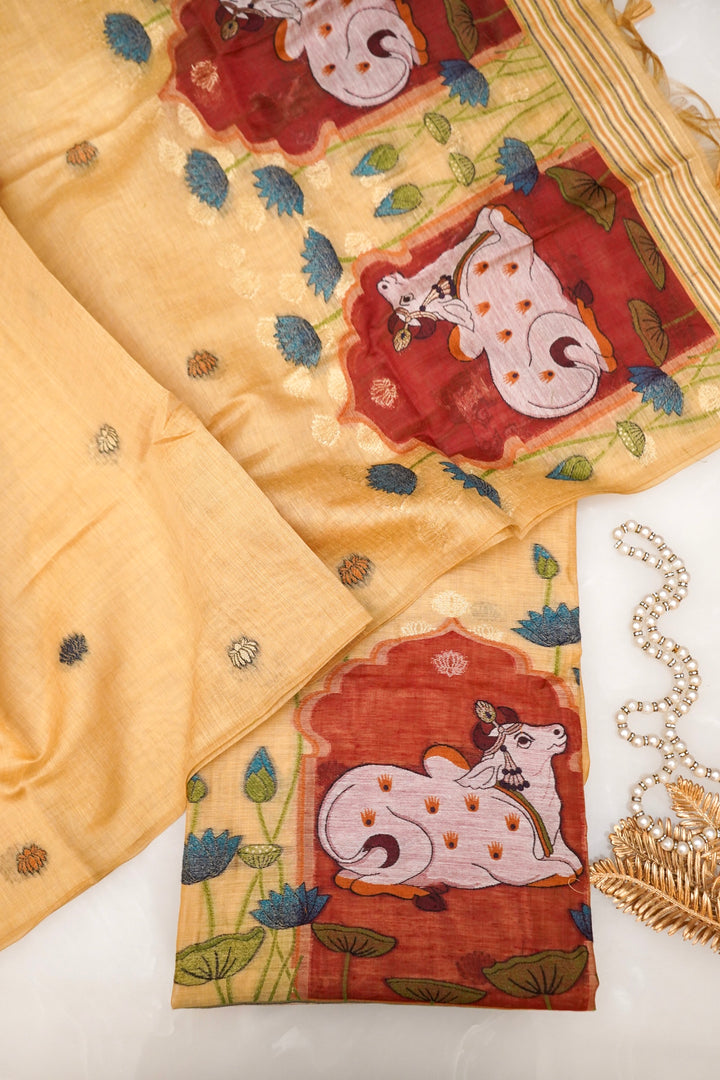 Radiant Pastel Yellow Pichwai Cotton Silk Suit Set