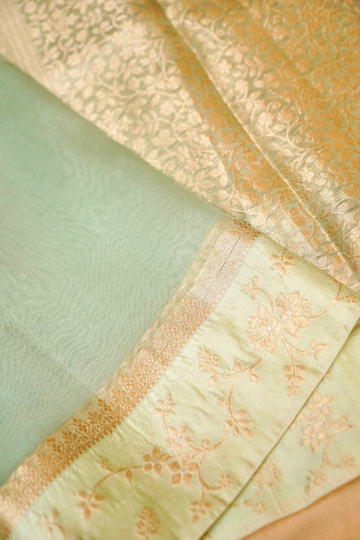 Banarasi Pastel Green Organza Silk Saree with Silk Weaving Border