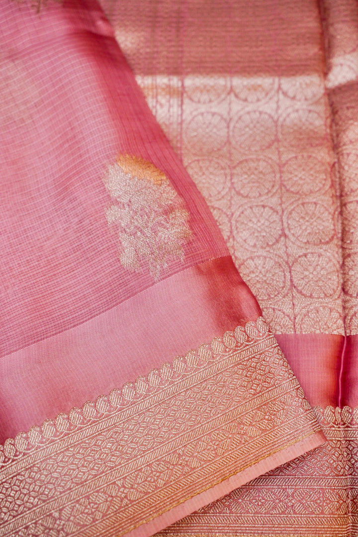 Banarasi Pastel Pink Kota Check Saree Zari Weave Elegant Floral Motifs