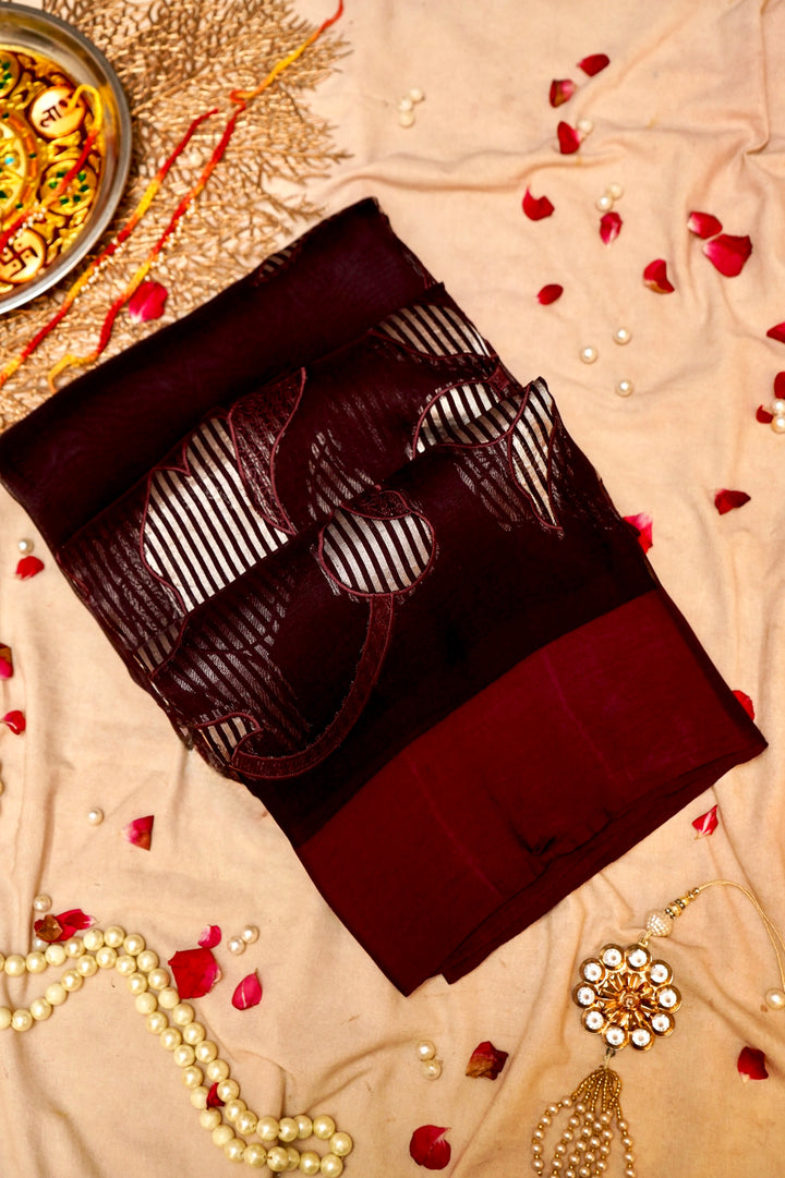 Elegance Coffee Brown Pure Organza Appliqué Work Banarasi Brocade Saree View 1