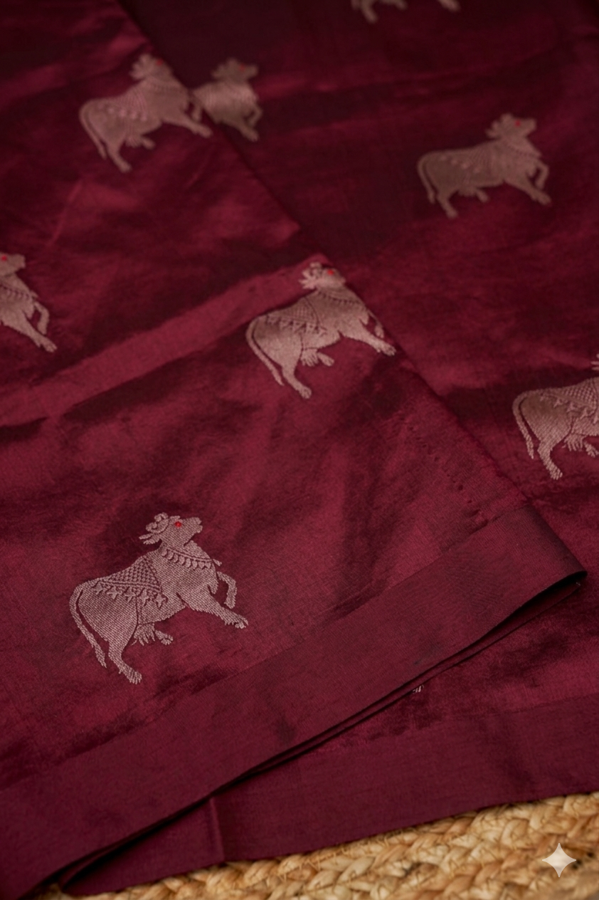 Wine Handwoven Banarasi Pure Puna Silk Saree with Zari Nandi Motif