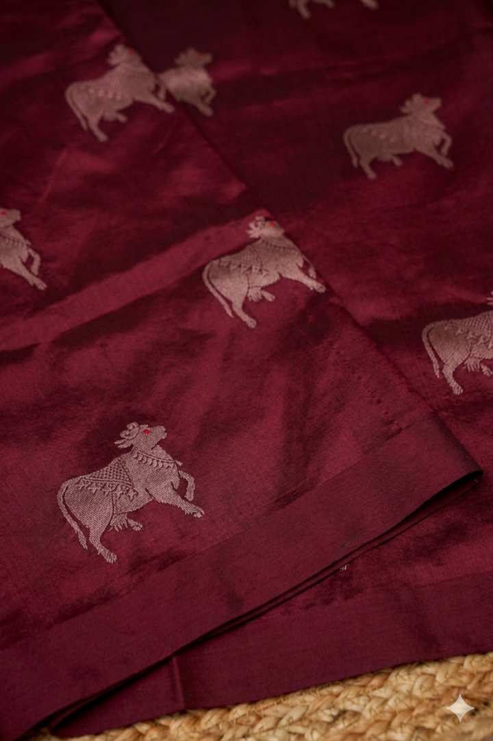 Wine Handwoven Banarasi Pure Puna Silk Saree with Zari Nandi Motif