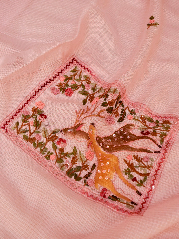 Baby Pink Pure Kota Saree with Kantha Embroidery Hand Painted Motifs View 5