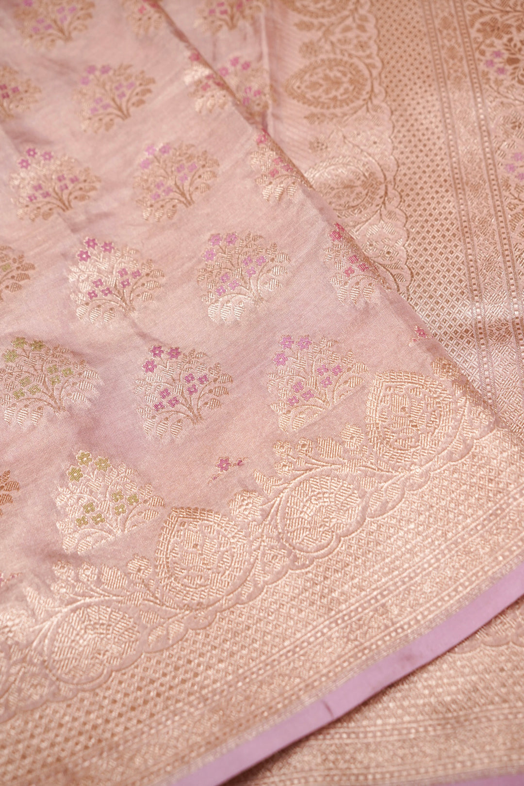 Rose Gold Handloom Pure Banarasi Katan Tissue Silk Saree with Meenakari Weaving