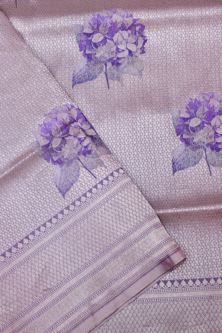 Violet Pure Katan Silk Banarasi Saree – Handcrafted Tanchoi Weave with Beautiful Figure Patterns