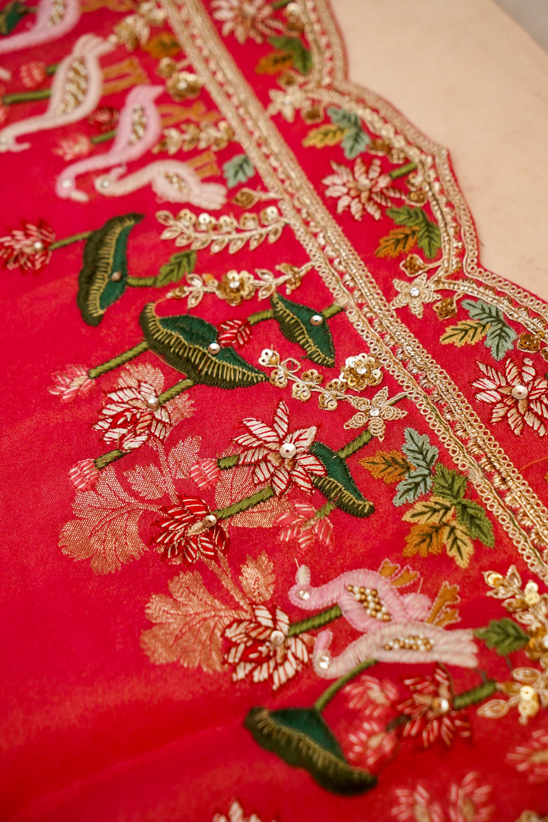 Pink and Orange Lehenga Pattern Half Half Tissue Silk Meenakari Embroidery Saree View 5