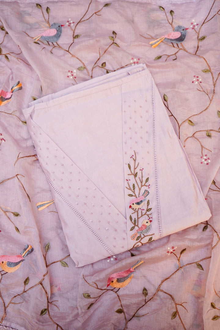 Lavender Chanderi Silk Suit Set with Thread Embroidery Work