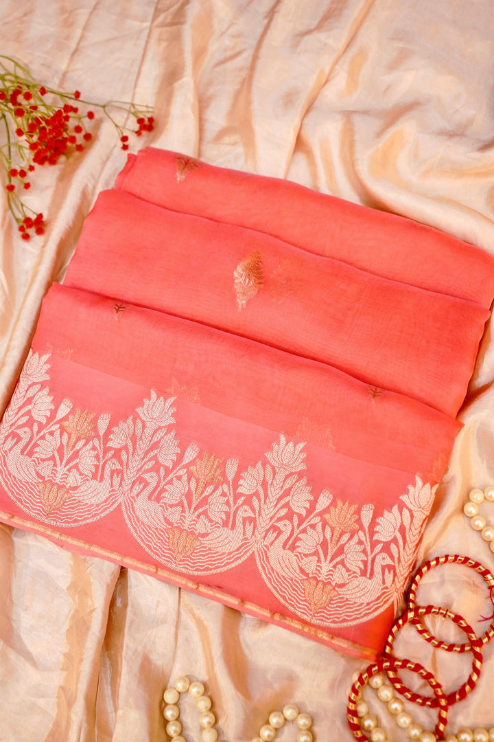 Elegant Peach Sonaroopa Muslin Organza Birds Motif Saree