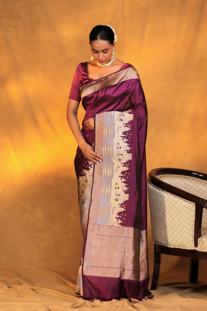 Banarasi Handloom Dark Purple Pure Katan Silk Ghat Wali Saree Front View 2