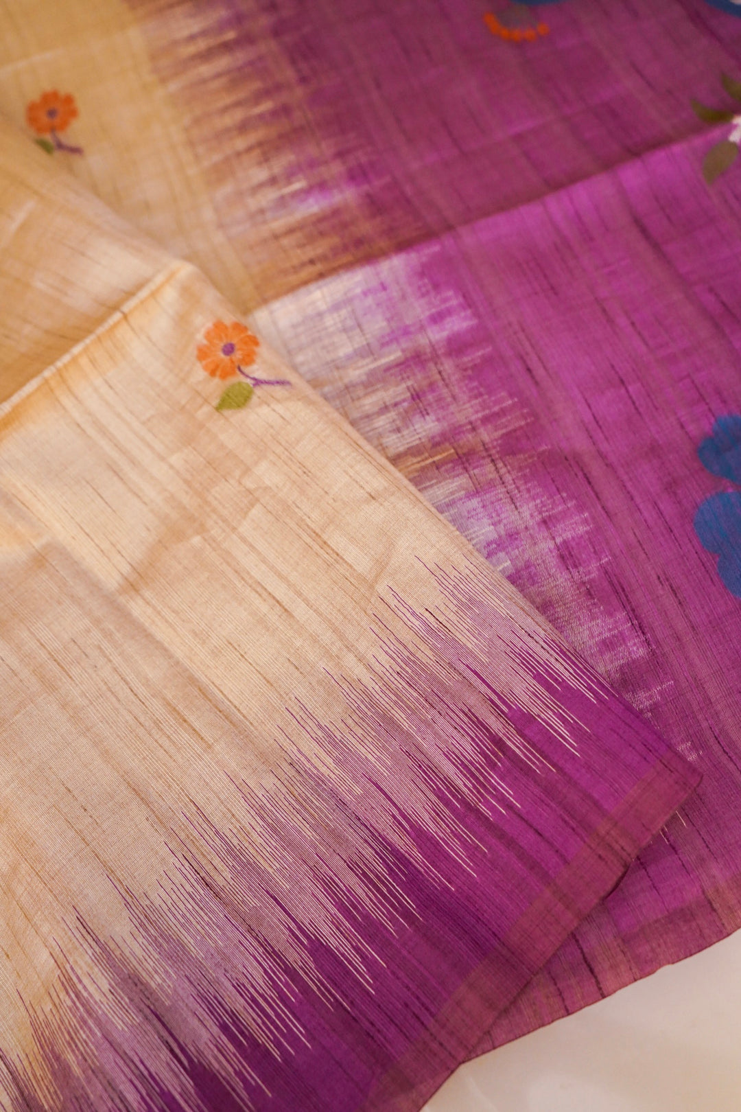 Cream Tussar Silk Saree with Meenakari Bootidar &amp; Purple Peacock Motif Pallu