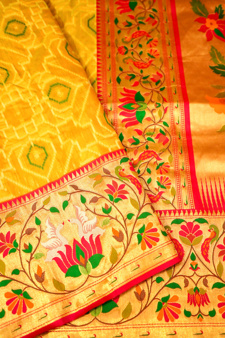 Mustard Yellow Silk Saree with Ikkat Weaving & Paithani Border Pallu
