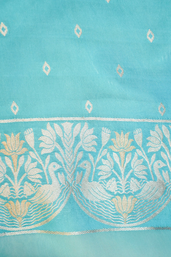 Elegant Aqua Blue Muslin Organza Saree with Birds Motif Meenakari Border