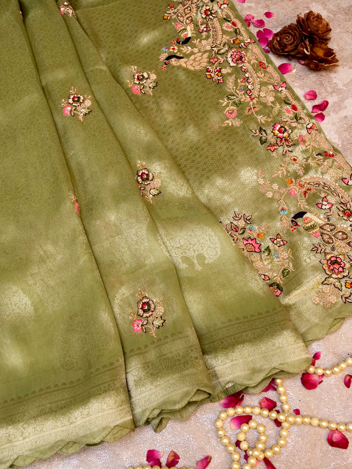 Elegant Light Green Banarasi Brocade Silk Saree with Zardozi & Resham Work