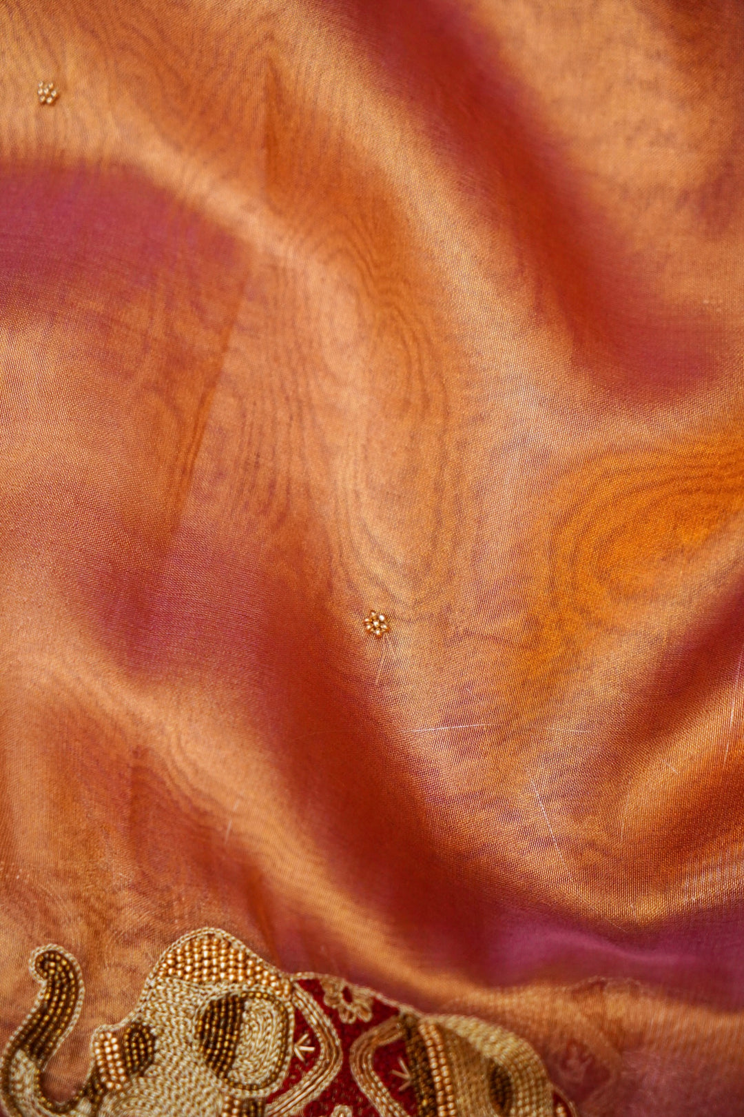 Golden Tissue Silk Saree with Pitta Zari Elephant Motifs & Scallop Border