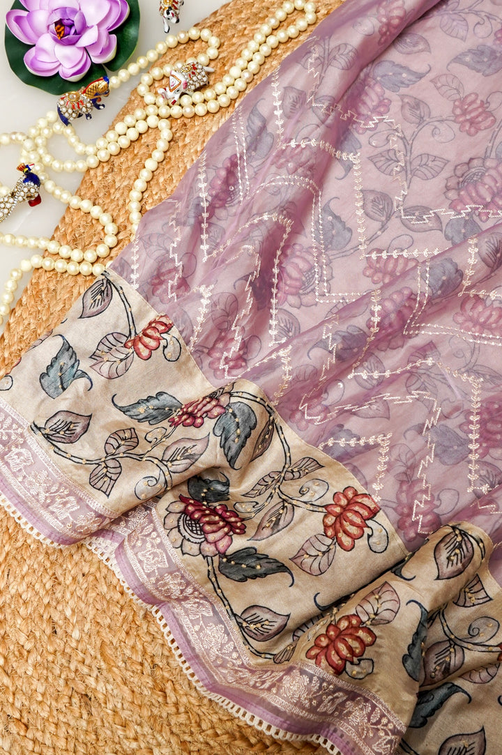 Elegant Organza Saree with Kalamkari Border & Katha-Resham Embroidery