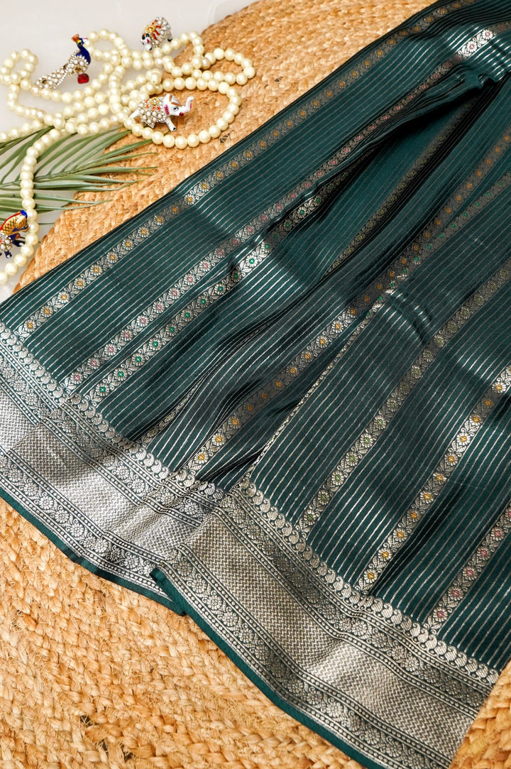 Sage Green Banarasi Soft Silk Saree with Meenakari Stripes
