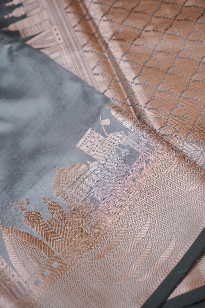 Silver Mist Grey Banarasi Modal Silk Ghat Design Saree View 3