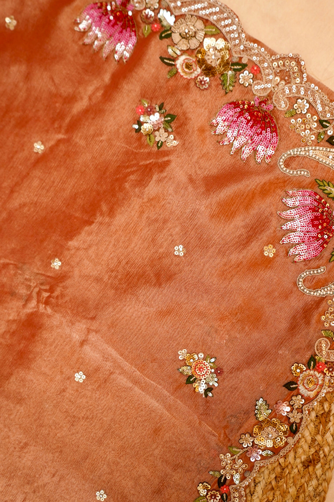 Apricot Orange Designer Tissue Silk Saree with Pichwai Lotus Embroidery View 2