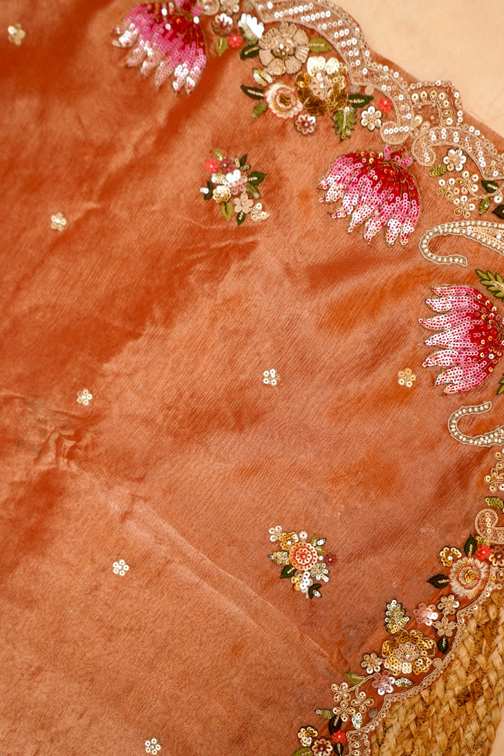 Apricot Orange Designer Tissue Silk Saree with Pichwai Lotus Embroidery View 2