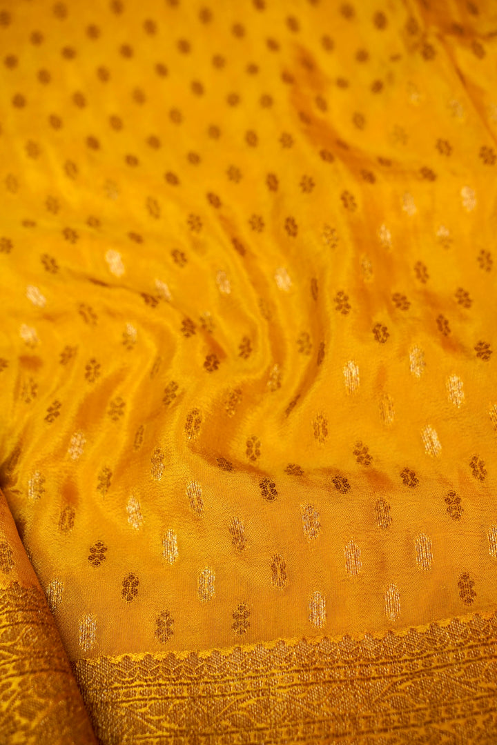 Antique Zari Weave Yellow Haldi Wear Pure Chinon Georgette Pichwai Saree