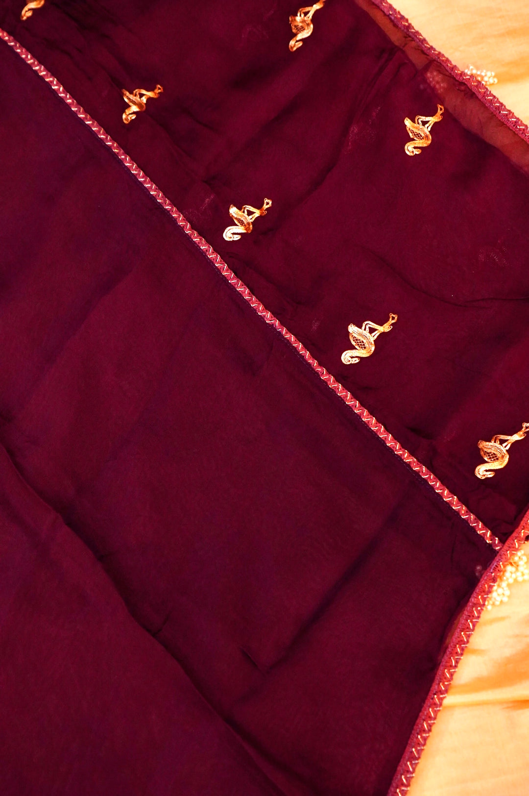 Wine Pure Chanderi Silk Suit Set with Pearl Work Birds Motif