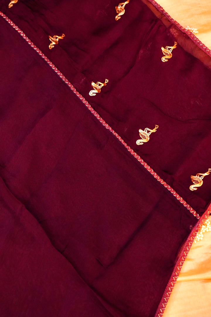 Wine Pure Chanderi Silk Suit Set with Pearl Work Birds Motif