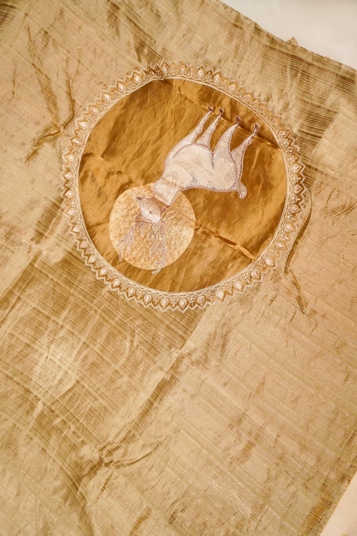 Tan Beige Stripe Elegance Pure Banarasi Tissue Silk Saree View 2