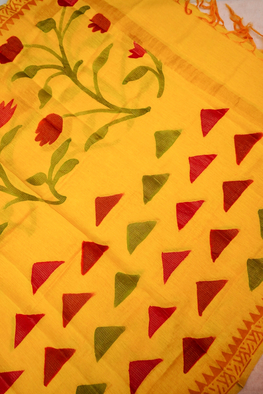 Yellow Pure Chanderi Silk Suit with Kantha & French Knot Embroidery