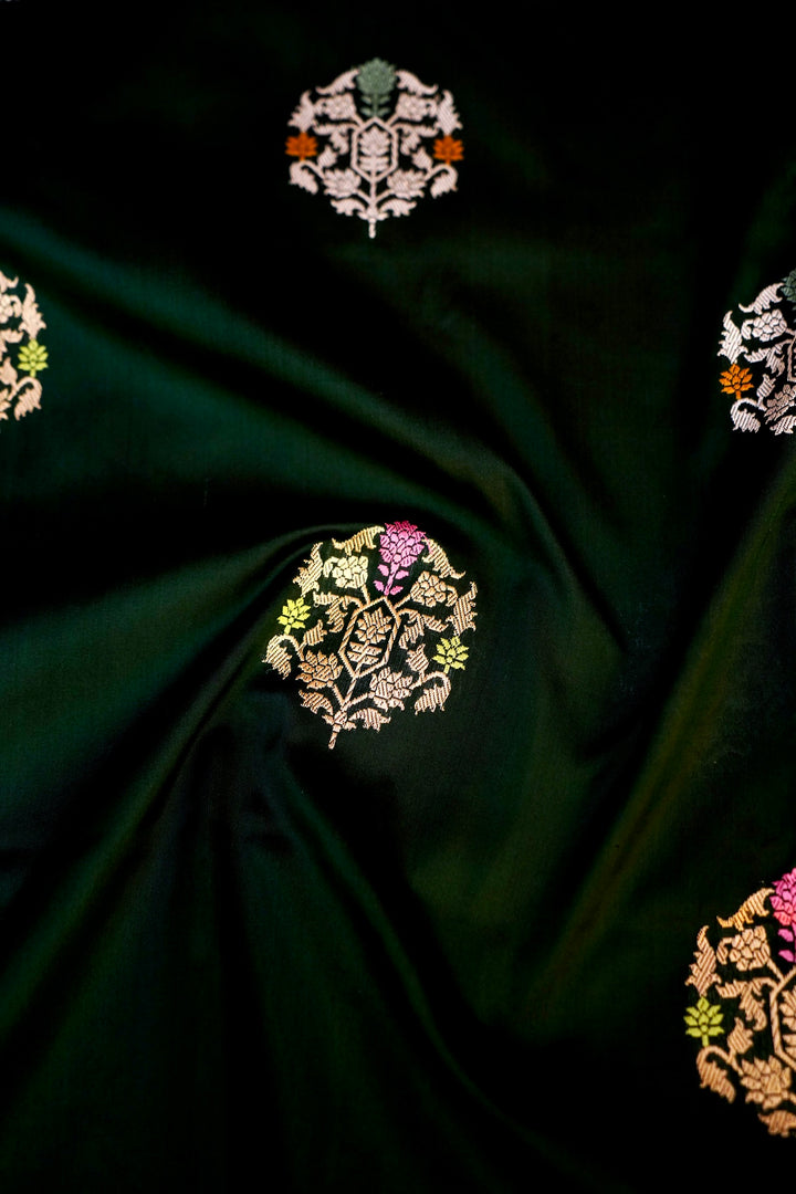 Bottle Green Pure Handloom Katan Silk Kadwa Banarasi Saree with Meenakari Motifs