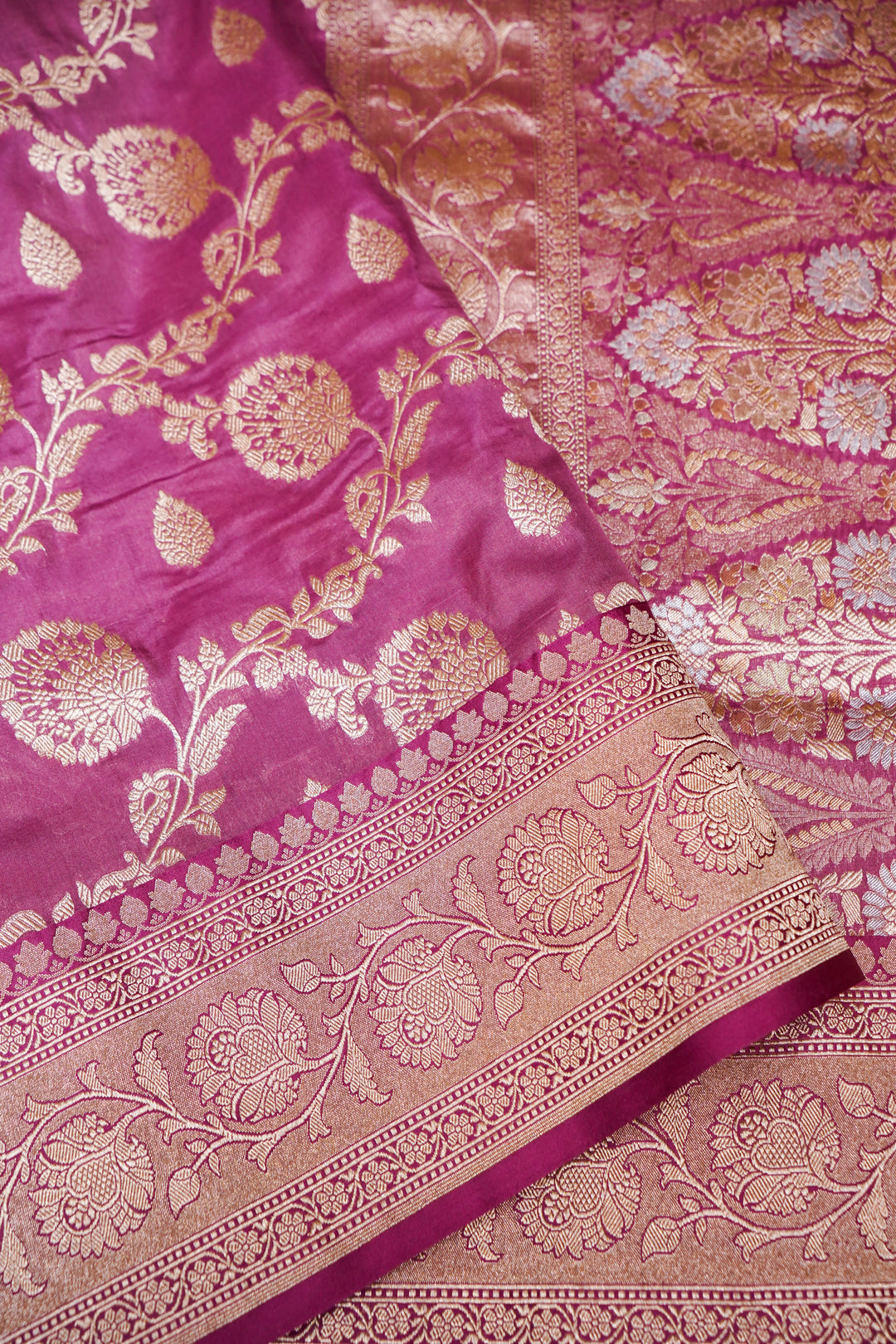 Onion Pink Pure Banarasi Handloom Katan Silk Saree with Zari Jaal &amp; Meenakari Pallu