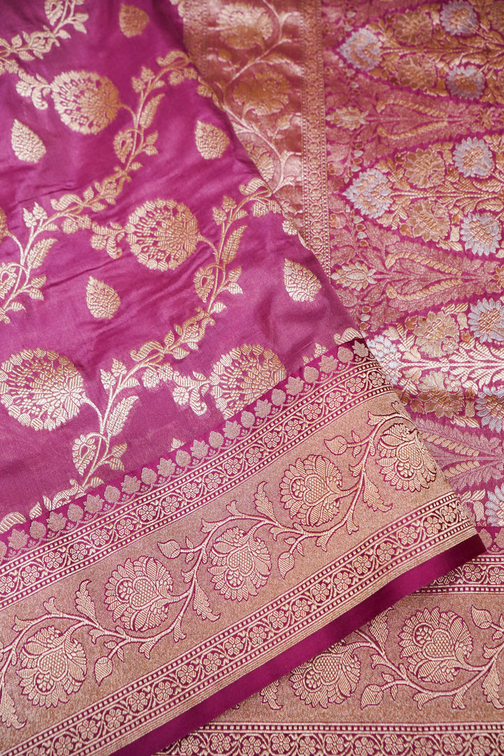 Onion Pink Pure Banarasi Handloom Katan Silk Saree with Zari Jaal &amp; Meenakari Pallu
