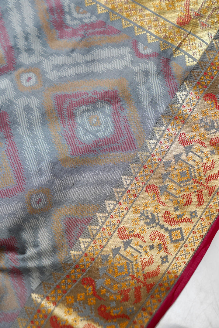 Grey Soft Silk Ikat Inspired Saree with Golden Zari Heavy Border & Pallu
