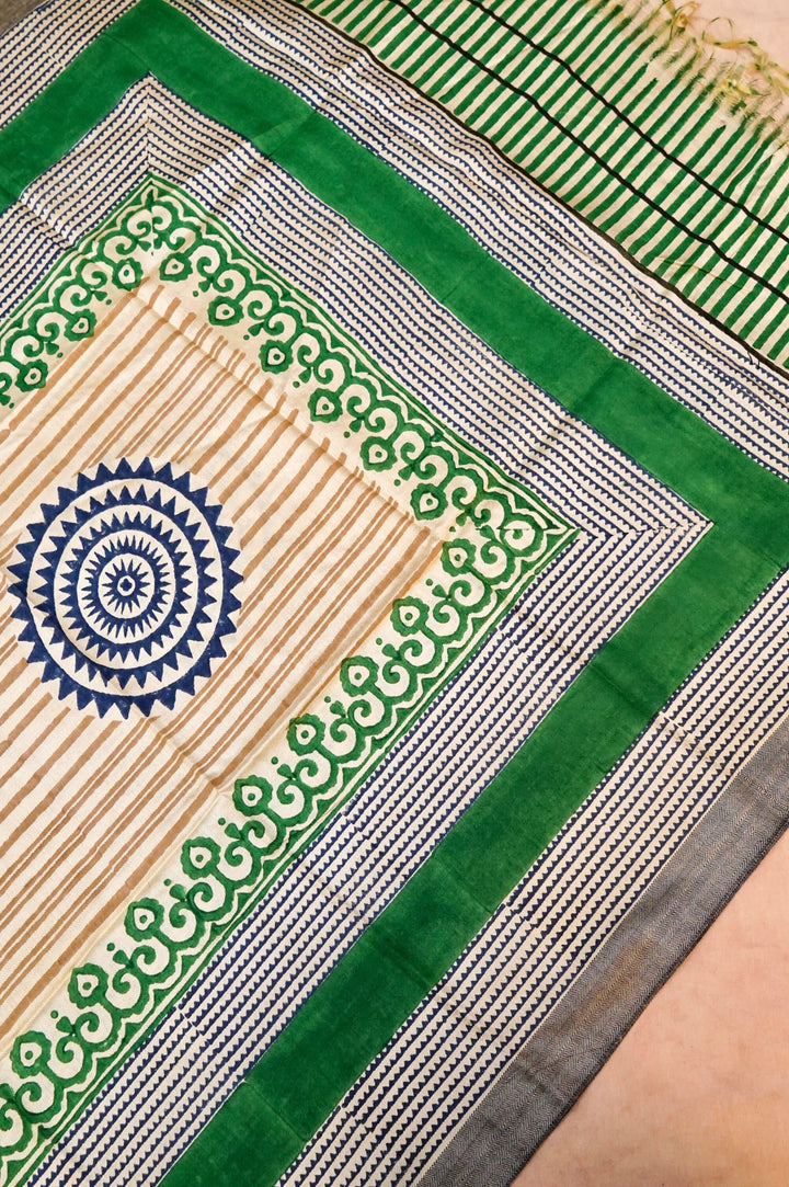 Green Dupion Silk Suit Set with White Block Print Dupatta