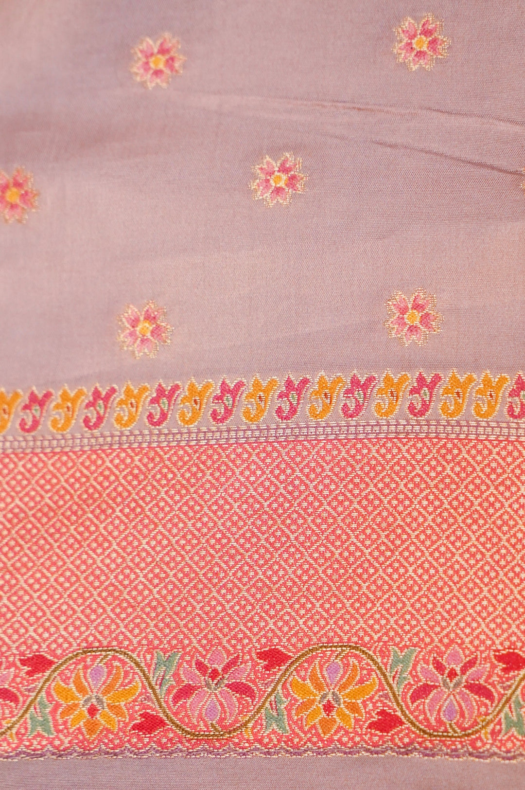 Mauve Crepe Silk Saree with Meenakari Floral Border &amp; Contrast Pallu