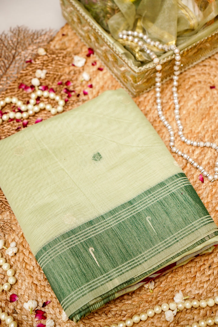 Elegant Pista Green Cotton Silk Saree with Thread Zari Bootidar Weave Jamdani Inspired Pallu View 1