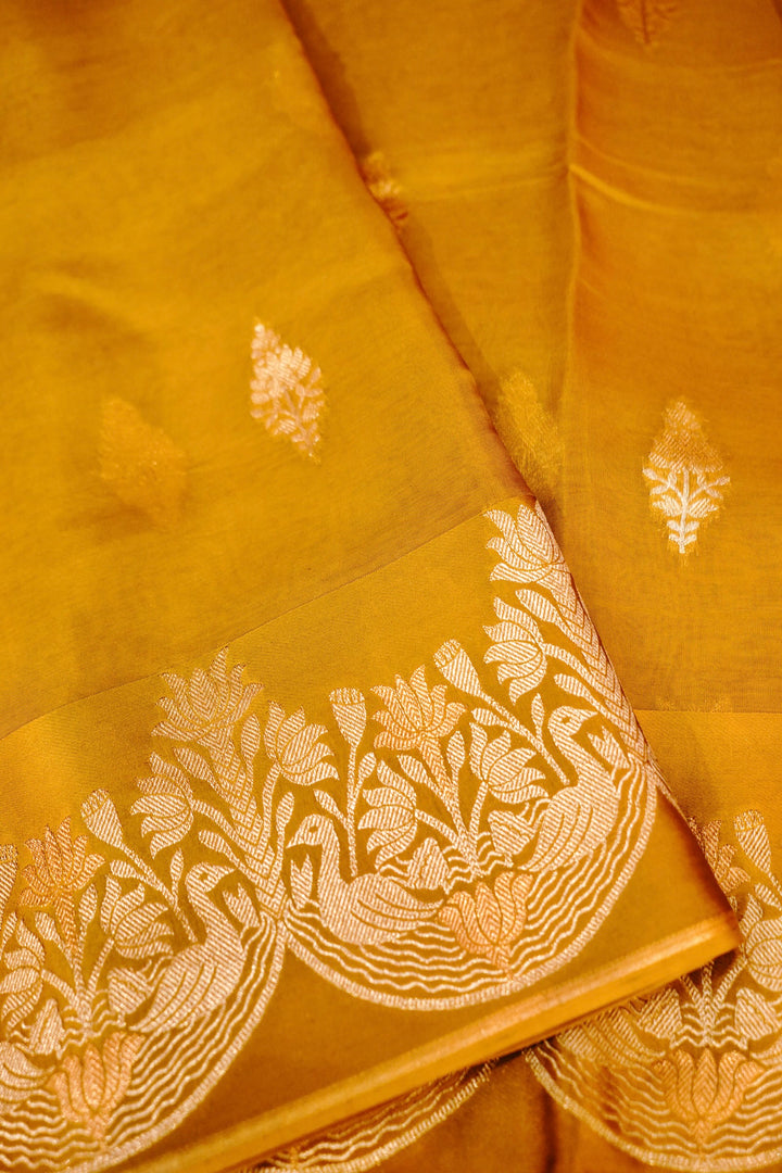 Radiant Mustard Yellow Sonaroopa Muslin Organza Haldi Wear Saree