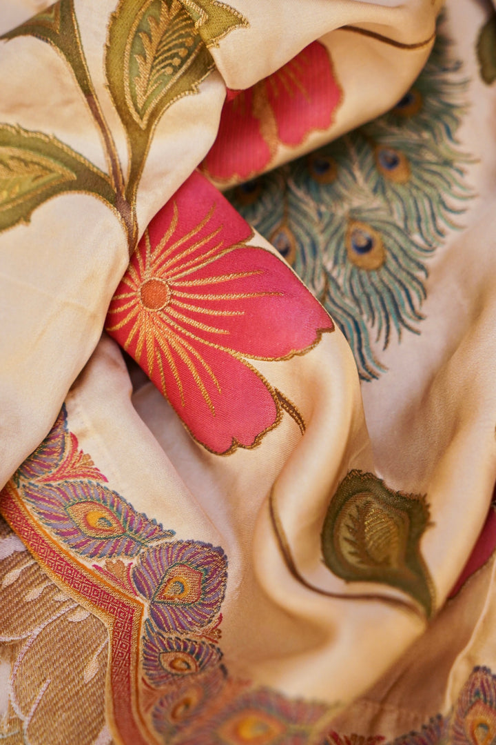 Cream Crepe Silk Saree with Meenakari Floral Body &amp; Peacock Motif Pallu